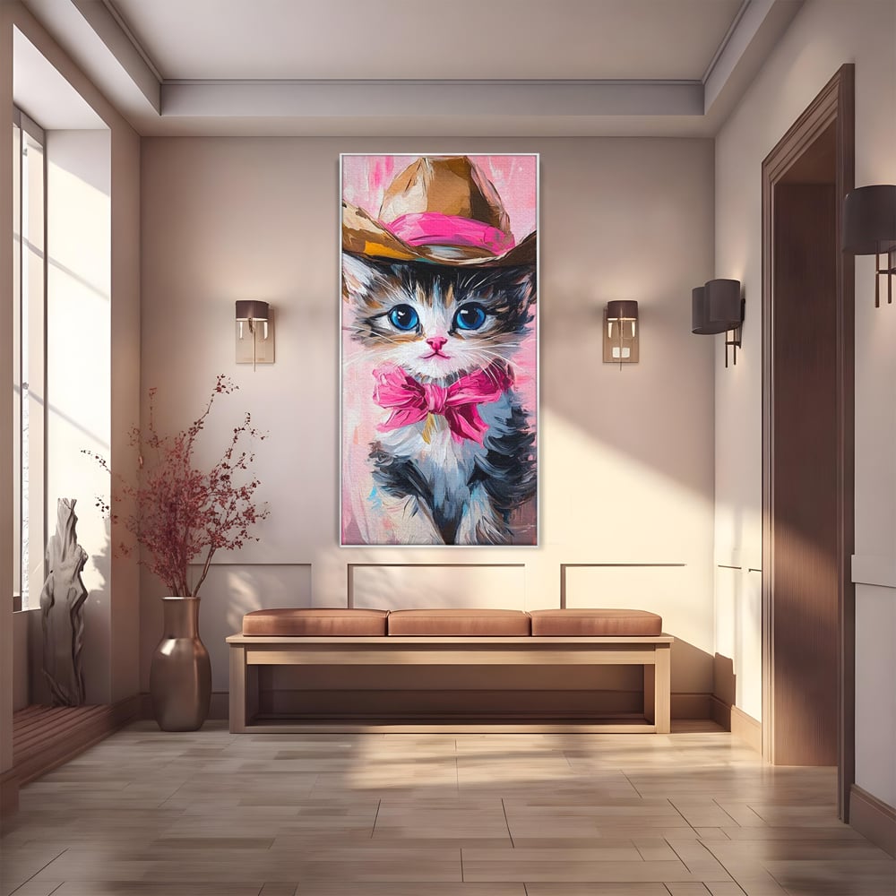 Tablou canvas cu tablou canvas cu pisicuta cowboy, in rama de aluminiu argintiu